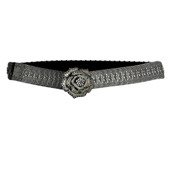 Belt Large Silver Toned Fishscale Rhinestone Flower Buckle Elastic 30 1/2 Inches - Picture 1 of 8